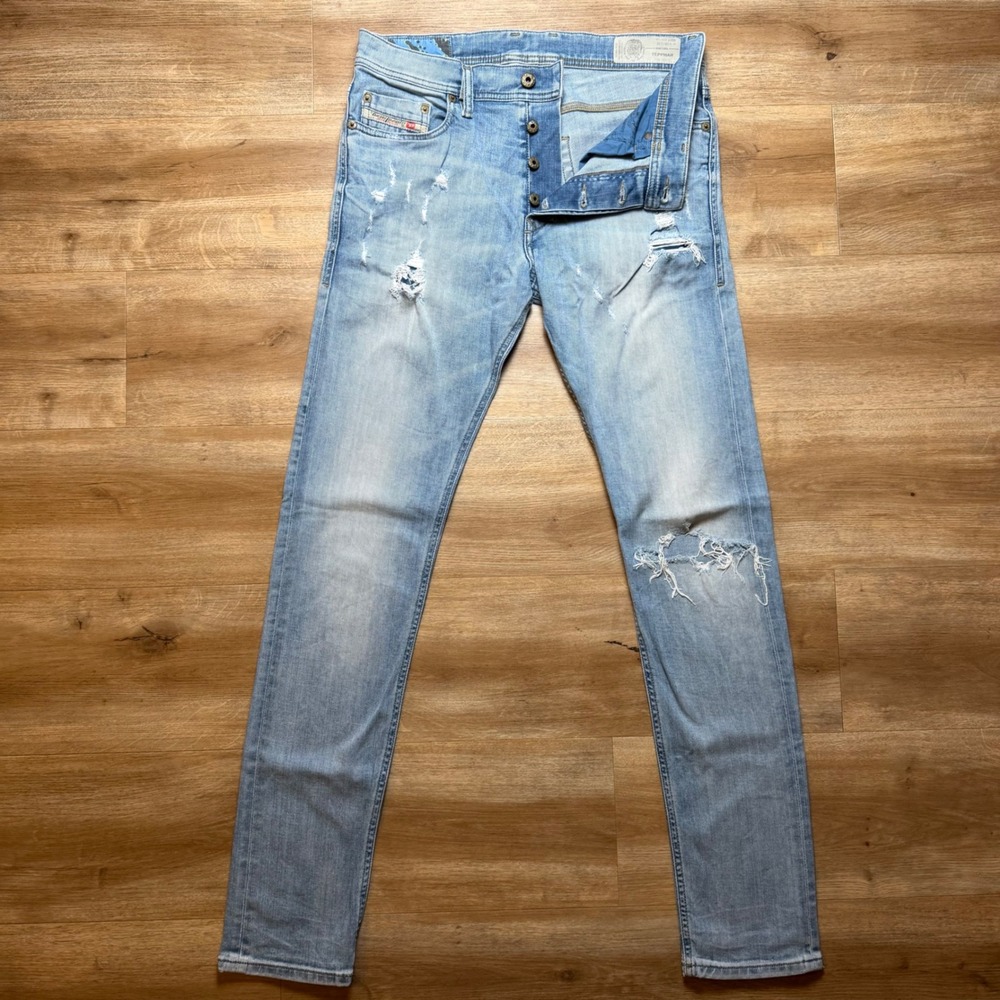 Diesel Tepphar Jeans Mens 29x32 Light Blue Distressed Slim Carrot Stretch 0857F